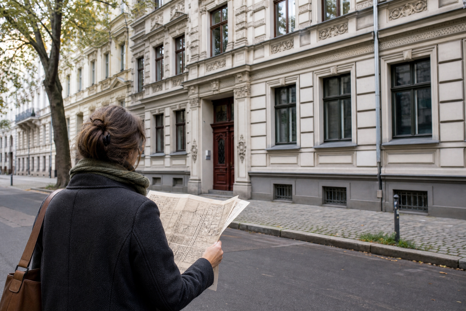 Historische Karten und Fotografien auf einem Tisch an einer Berliner Straßenecke