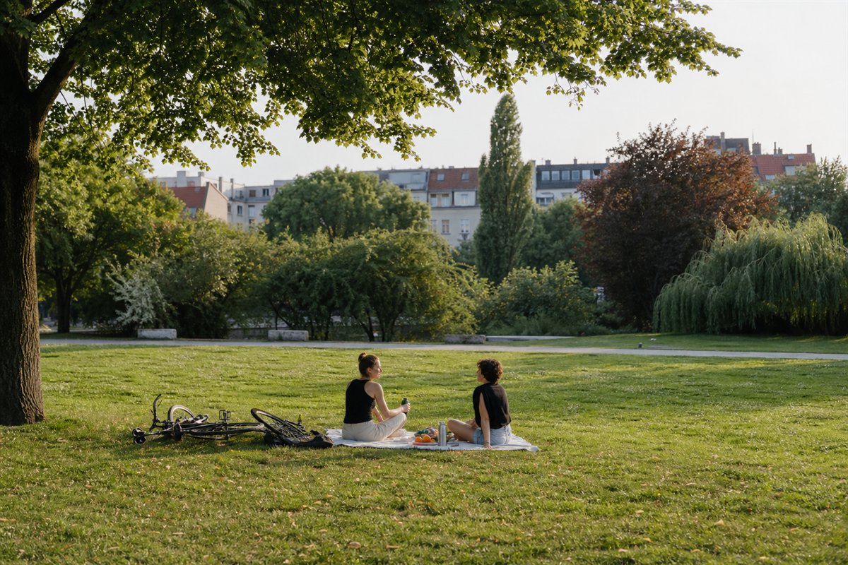 Ruhige Berliner Stadtszene mit lokalen Orientierungspunkten