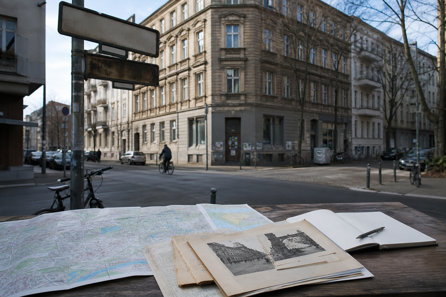 Historische Karten und Fotografien auf einem Tisch an einer Berliner Straßenecke