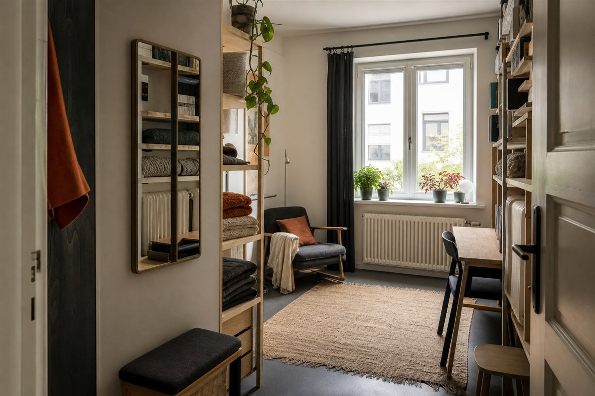 Kompaktes helles Stadtzimmer mit Regal, Lesesessel, Arbeitstisch und Pflanzen