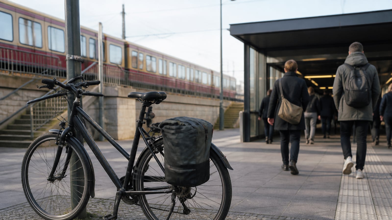 Fahrrad mit Gepaecktasche vor einem Berliner S-Bahnhof, waehrend Menschen zu Fuss zum Bahnsteig gehen